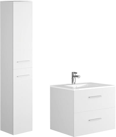 Vente-unique Hangend badkamermeubel voor enkele wastafel met kolomkast - Wit - 60 cm - KAYLA