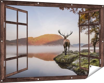 Gards Tuinposter Doorkijk Hert bij een Meer - 150x100 cm - Tuindoek - Tuindecoratie - Wanddecoratie buiten - Tuinschilderij