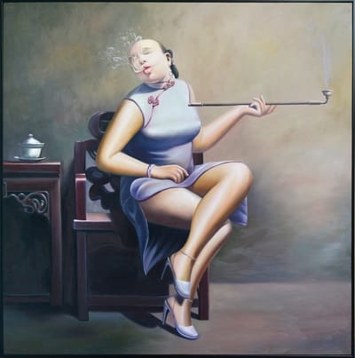 Fine Asianliving Olieverf Schilderij 100% Handgeschilderd Zwarte Omlijsting 100x100cm Chinese Vrouw met Sigaar Qipao Wit