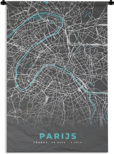 Wandkleed - Wanddoek - Parijs - Blauw - Kaart - Plattegrond - Stadskaart - 120x180 cm - Wandtapijt
