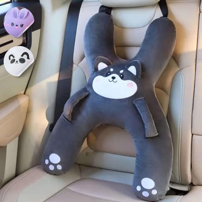 Daity 1 Pack - Kinderautoslaapkussen - X-vormig pluchen dier voor nek- en rugondersteuning - Hand- en veiligheidsgordelsleuven - Machinewasbaar en samendrukbaar - Ideaal voor auto's - vliegtuigen - treinen - boten en meer