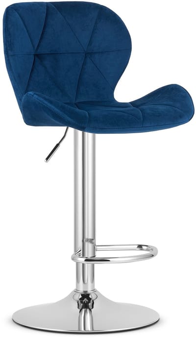 Barkruk WEST – Velvet Donkerblauw, Chromen Basis, Rugleuning, Verstelbare Hoogte, 360° Draaibaar, Comfortabele Voetsteun, Antislip Onderstel, Modern Design, Max. 110 kg