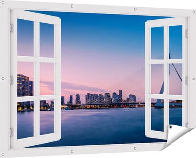 Gards Tuinposter Doorkijk Erasmusbrug in Rotterdam met Zonsondergang - 150x100 cm - Tuindoek - Tuindecoratie - Wanddecoratie buiten - Tuinschilderij