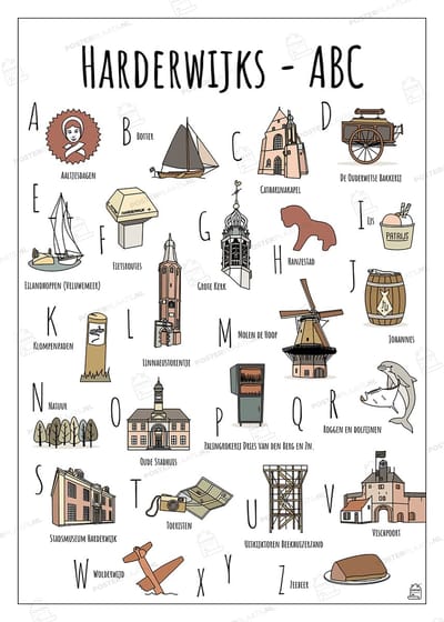 ABC Poster Harderwijk - 50 x 70 cm - Educatieve Letterposter met Handgetekende Illustraties - Kinderkamer & Wanddecoratie - Woondecoratie - Relatiegeschenk