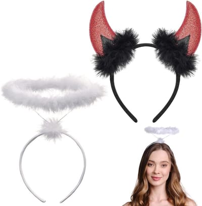Witte haarband met halo en duivelshoorns, perfect voor kostuumfeest, carnaval en themafeesten voor dames, heren en kinderen