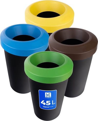 KADAX Afvalemmerset voor afvalscheiding, ronde vuilnisemmer van robuust kunststof, afvalemmer, afvalsorteerder, afvalverzamelaar, afvalscheidingscontainer (4 x 45 liter)
