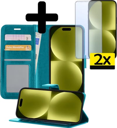 Hoesje - Met 2x Screenprotector - Geschikt voor Apple iPhone 15 - Luxe Pasjeshouder - Bookcase Portemonee - Flip Case - Kunstleer Book Case - Flipcase Hoes - Book Cover - Walletcase - Portemonneehoes - Telefoonhoesjes - Turquoise