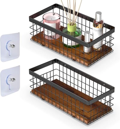 Decoratieve Draadmand met Houten Basis - Zwarte Metalen Mand voor Toiletpapier, Cosmetica en Specerijen, Wandmand voor Badkamer en Keuken, Set van 2 Stuks