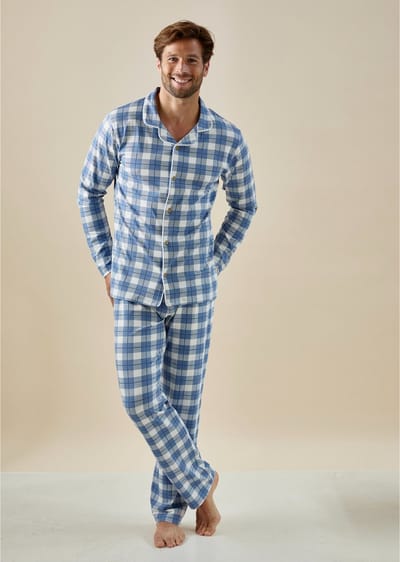 Little Label - jules klassieke pyjama heren - grote ruit lichtblauw S/46 - extra zachte bio-katoen