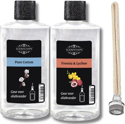 Scentchips Pure cotton + Freesia lychee + Lont - Geurolie Voor Oliebrander Set van 2 - Inclusief Geurlont - Parfum Olie - Geurolie Voor Lampenolie - Geurlamp Olie - 475ml x 2