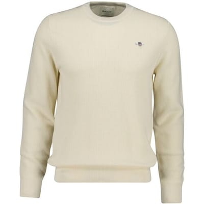 Gant Trui Solid Color Micro Textured Cotton Crew Neck Cream / male
