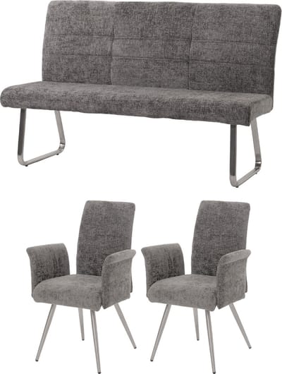 Eetkamerset MCW-G55, set van 2 stoelen met armleuningen + bank 160cm, geborsteld roestvrij staal stof/textiel chenille ~ donkergrijs