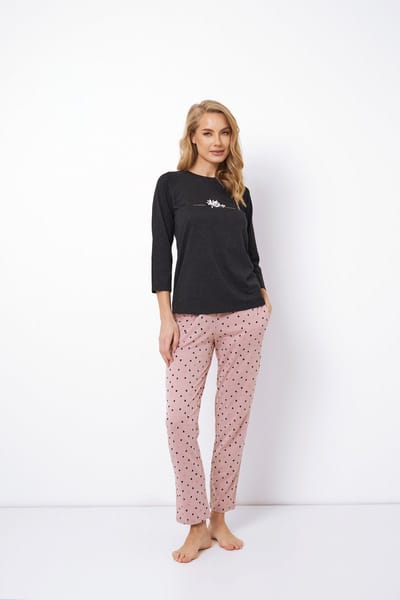 Warme dames pyjama Dionella-top met print-broek met hartjes-katoen & modal-donkergrijs-roze-maat L
