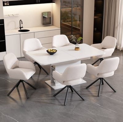 Set Tafel En Stoelen - Eethoek Met 6 Stoelen - Uitschuifbare Rechthoekige Tafel Met Opbergruimte - Voor Eetkamer - Hout Metaal Wit