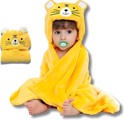 BoefieBoef 2in1 Tijger Baby Badcape en Kinder Wikkeldeken met Dieren Capuchon – Fleece Flanel Stof – Peuter Omslagdoek – 0-3 jaar - Kleuter Baby deken - Baby Badjas - Kerst- en Kraamcadeau - geel