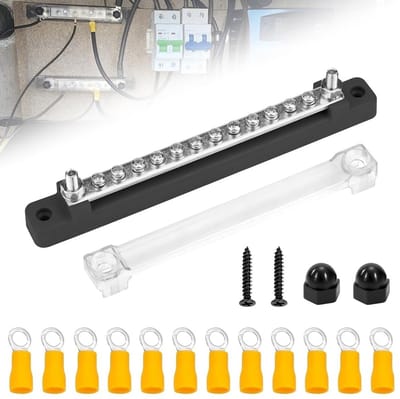 Allecto - Power Distribution Block 150A - 12V-48V DC BusBar Box met Deksel en 12 M4 Klemmen