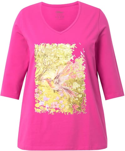 Ulla Popken - Dames - Shirt natuurmotief A-lijn V-hals 3/4-mouwen - Zomerbes - Maat 42+