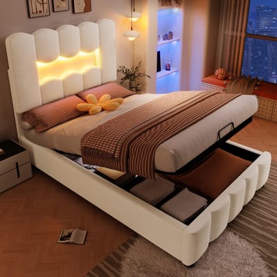 DESMIU Gestoffeerd Bed 90 x 200 cm Met Matras – Bed Met Verstelbaar Hoofdeinde En Hydraulische Opbergruimte – Voor Slaapkamer – Fluweel – Beige