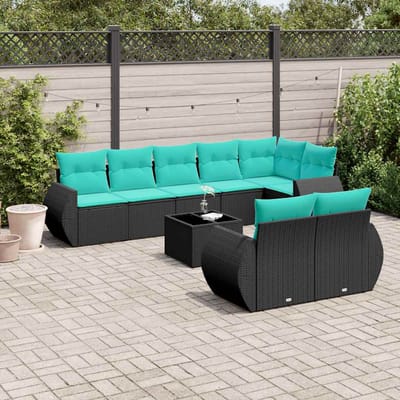 vidaXL - 9-delige - tuinbankset - met - kussens - van - zwart - polyrotan