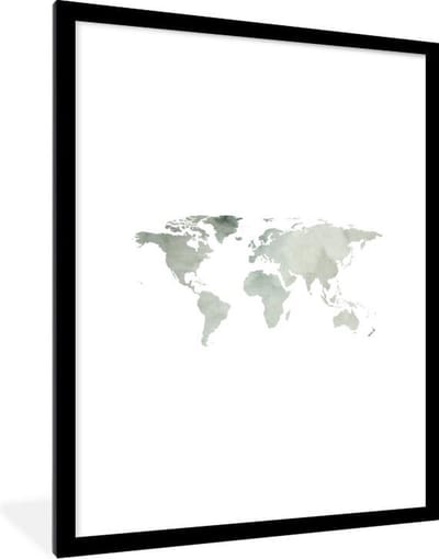 Poster in lijst - Fotolijst 60x80 cm - Posters - Wereldkaart - Aquarelverf - Minimalisme - Posterlijst zwart - Decoratie - Wanddecoratie woonkamer - Muurdecoratie slaapkamer