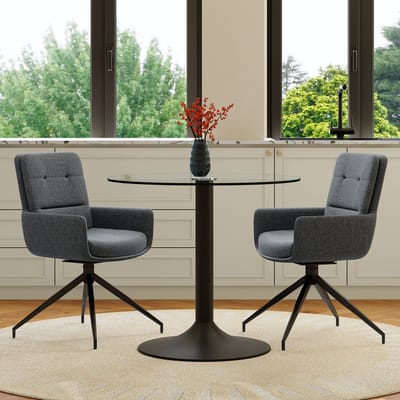 MODENUIT Eettafelset 85 cm - Ronde Tafel met 2 Draaistoelen - Eetkamer - Glas Metaal Stof - Zwart Donkergrijs