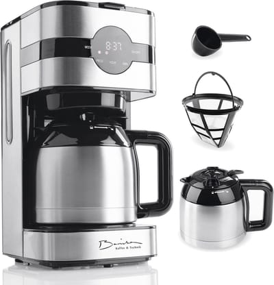 Barista Filterkoffiezetapparaat met thermokan, 24-uurs timer en permanent filter, voor 8 kopjes koffie, koffiezetapparaat voor poeder, roestvrij staal