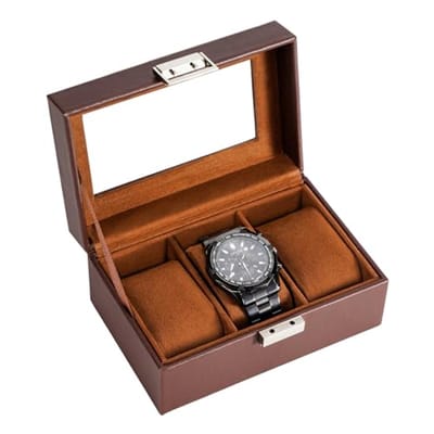 Horlogedoos - Opbergdoos - 3 vakken - Met glazen deksel - Horlogedisplaydoos - Horlogedoos voor heren - Horloge-organizer - Doosvormig - Horlogekoffer - Kleine horloge-opbergdoos - Horloge-organizer - Cadeau voor mannen - Bruin