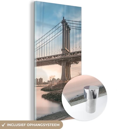 MuchoWow® Glasschilderij 20x40 cm - Schilderij acrylglas - New York - Rivier - Bridge - Foto op glas - Schilderijen