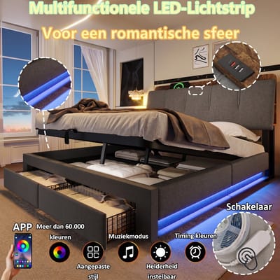 VVBV Gestoffeerd Opbergbed met Hydraulische Opbergruimte 140x200 cm - LED-Verlichting - Linnen Grijs - Zonder Matras