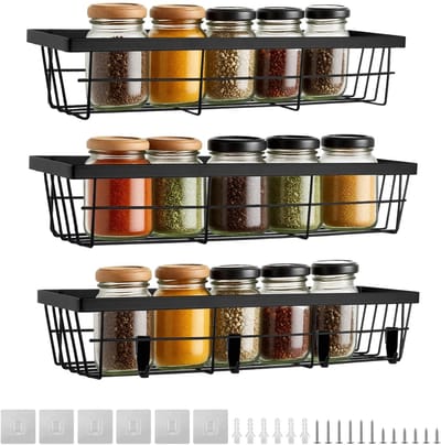 Dailygoods- Kruidenrek 3-laags verstelbaar - Kruidenorganizer - Hangend zonder boren - Roestvrij staal - 4 haken - Efficiënte ruimtebesparing