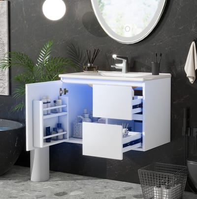 DESMIU Badkamerkast - Wandhangend Met Keramische Wastafel En Sensorverlichting - 2 Lades En Opbergruimte - MDF - 76x46x50 Cm - Wit