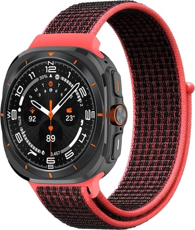 By Qubix - Compatible Samsung bandje - Nylon loop bandje - Rozerood met zwart - Geschikt voor Samsung Galaxy Watch Ultra / Ultra 2 - 47mm