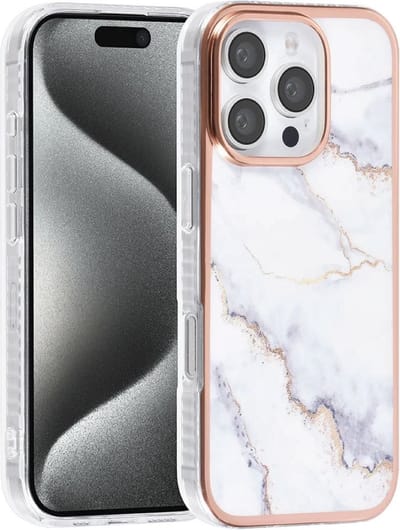 Multimedia & Accessoires Siliconen Marmer Harde Back Cover Case Hoesje geschikt voor Apple iPhone 16 Pro Max – TPU – Harde Plastic – Roze