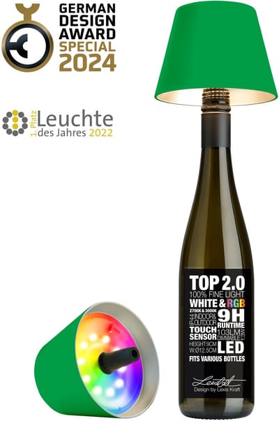Sompex Flessenlamp " TOP " met houdbare kurk| 2.0 Led| Neon groen - indoor / outdoor - oplaadbaar | RGB