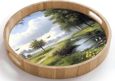 Dienblad rond 40x40 cm - Schootdienblad hout - Zandpad - Groen landschap - Water - Borrelplank rechthoek - Plateau houten dienbladen