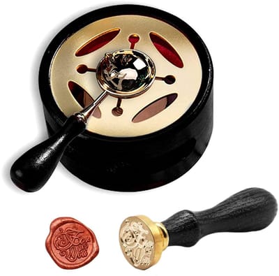 Dailygoods- Was-zegelwarmer met ijzeren tabs - Zegellak-verwarmer - Zegelstempel voor bruiloft - Vintage rubberhouten design - Afneembaar smeltvuur - Diameter 3 inch, hoogte 3,8 cm