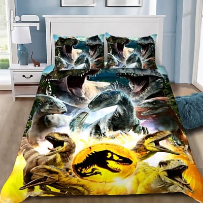 Heet J-Jurassic Dinosaurus Park Wereld Dekbedovertrek Kussensloop Dinosaurus Beddengoed Set Volwassen Jongen Meisje Slaapkamer Decoratie Enkel Dubbel US Twin(172*218cm)3pcs