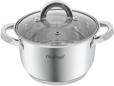 Cheffinger, Roestvrijstalen Kookpan met Glazen Deksel 20cm 3.9L Inductie Compatibel, Zilveren