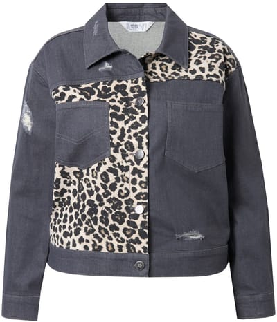 Angel of Style - Dames - Denim jasje oversized luipaard-inzetstukken destroyed - Grijs denim - Maat 44