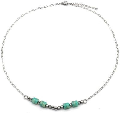 Ketting met Steentjes - RVS - Lengte 39-44 cm - Zilverkleurig en Turquoise