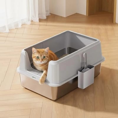 Geargalaxy Kattenbak - Kattentoilet - Katten wc - Kattenbak met Hoge Rand en Zeef - Katten toiletbak - 60x40x35cm - Grijs