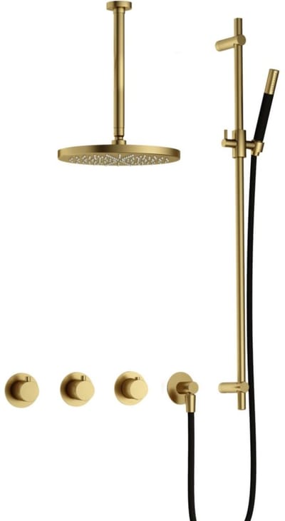Hotbath Cobber - CB7067 - Inbouw Regendoucheset - Geborsteld Messing PVD - 2 Stopkranen - Thermostatisch - Plafondbuis 30 cm - Hoofddouche 300 mm - Staafhanddouche - Glijstang 900 mm - met M106 - Waterbesparend