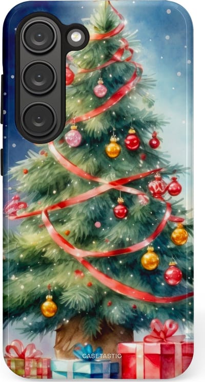 Casetastic hoesje geschikt voor Samsung Galaxy S23 - Dubbellaagse bescherming - Aquarel Kerstboom Cadeau - Fashion Case - Grijs Donkerblauw Saliegroen Beige