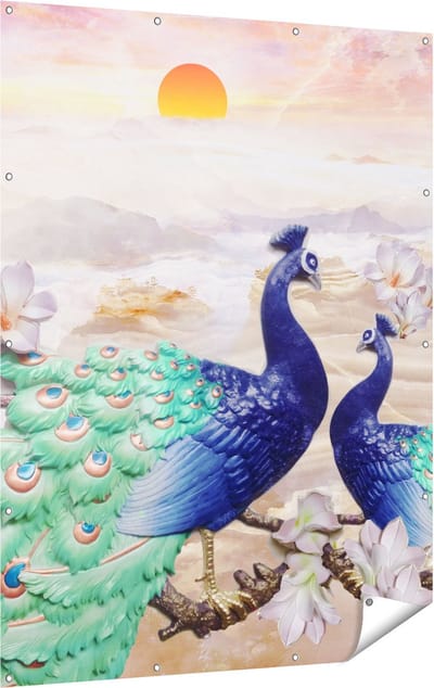 Gards Tuinposter Twee Pauwen bij Elkaar met Bloemen - Liefde - 120x160 cm - Tuindoek - Tuindecoratie - Wanddecoratie buiten - Tuinschilderij