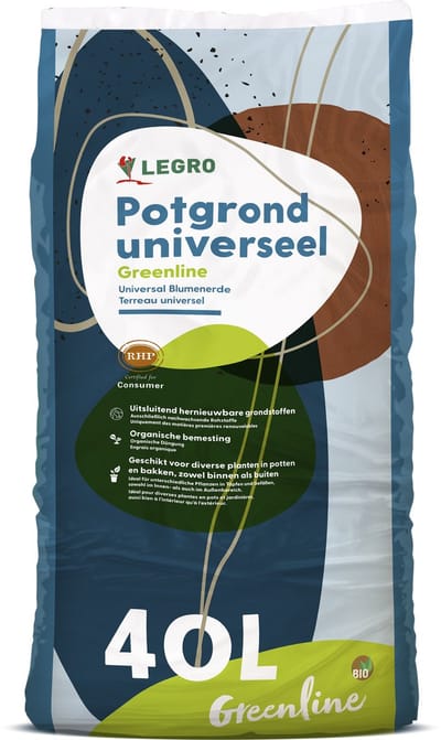 Turfvrij Legro Potgrond Universeel Greenline 40 liter - Kwaliteitspotgrond Turf Vrij op basis van uitsluitend Hernieuwbare Grondstoffen. Geschikt voor Buiten en Binnen, diverse Tuinplanten en Kamerplanten in Potten, Pakken, Tuin en Moestuin.