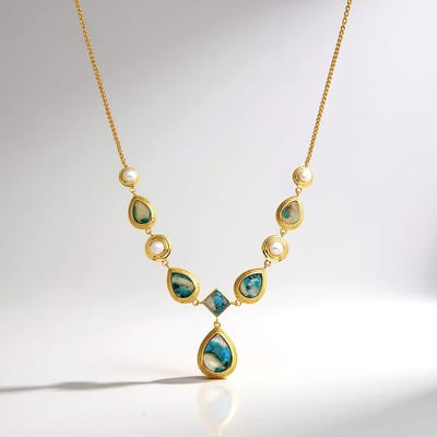 Cavill - 925 Sterling Zilver Halsketting - Verguld - Turquoise Mozaïek 12 6 ct - Zoetwaterparels - Elegante Mozaïek Ketting 45 cm
