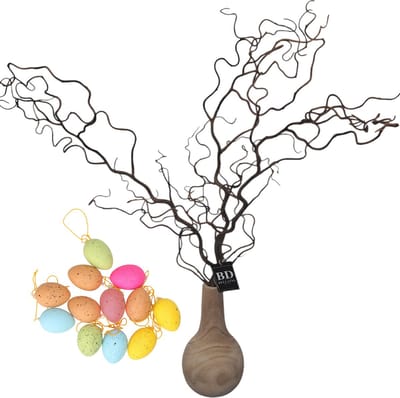 Bellatio Design Kronkelhazelaar kunst paastak - incl paaseieren gekleurd - 87 cm - paasdecoratie kunsttakken