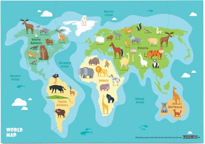Educatieve poster (Posterpapier) - Topografie wereld ons dierenrijk - 70 x 50 cm (B2)