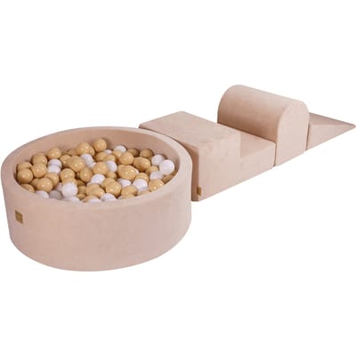 MeowBaby® Foam 3 elementen Speelset met Ballenbak 90x30cm met 200 Ballen Gecertificeerd, Fluweel, Ecru: Wit/Transparant