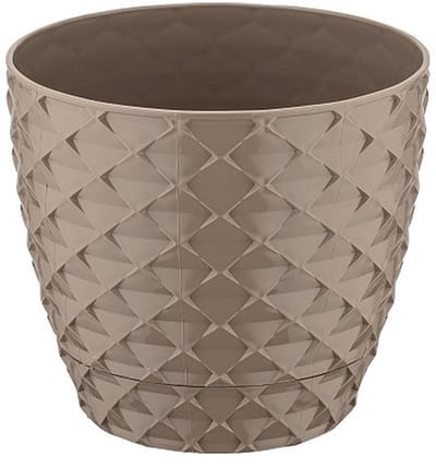3+2 - Bloempotten - rond taupe met afwatering en wateropvang - 5 ronde mokka sierpotten